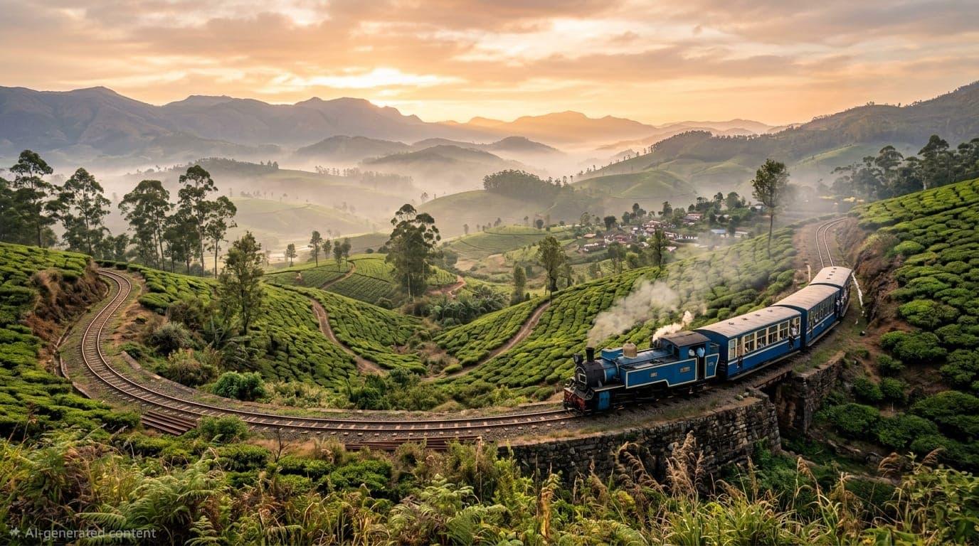 Nilgiri Mountain Railway toy train traveling through tea estates near Ooty
