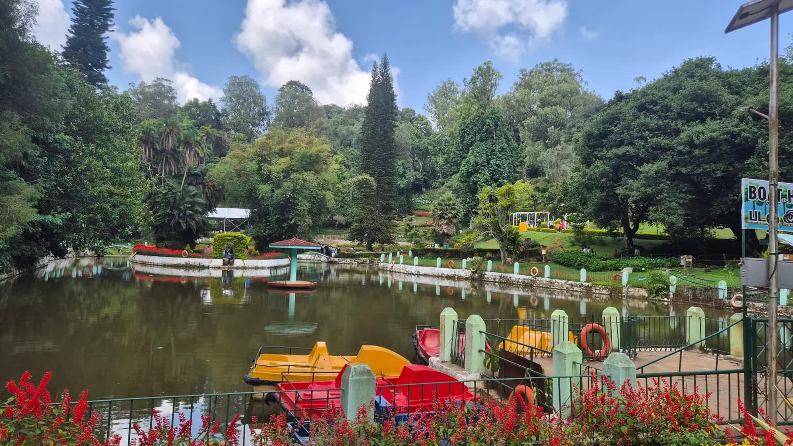 Red and yellow pedal boats at the boat house on the lake in Sim's Park, Coonoor, behind a bed of red salvia