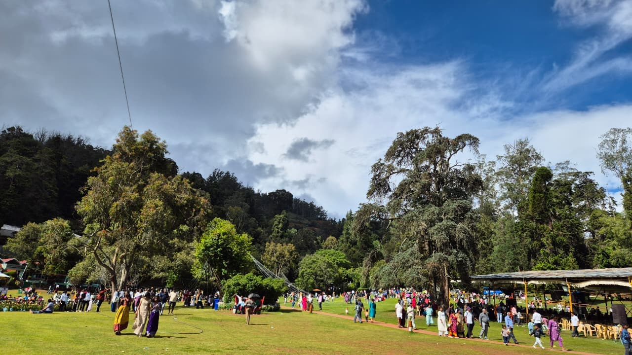 Vibrant terraced lawns and colorful flowers at Government Botanical Garden Ooty